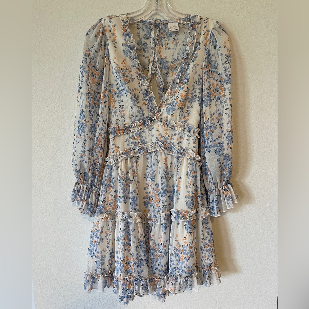 Selfie Leslie Blue and White Long Sleeve Wrap Dress
